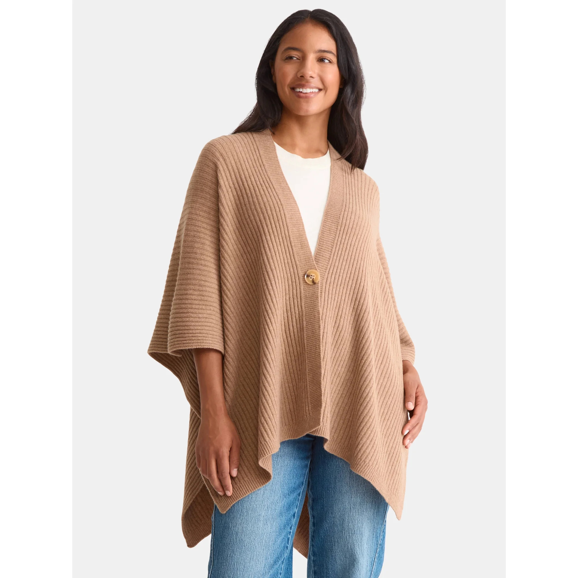 Time and Tru Women's Rib Knit Fashion Coverup with Button, One Size, Tan | Walmart (US)