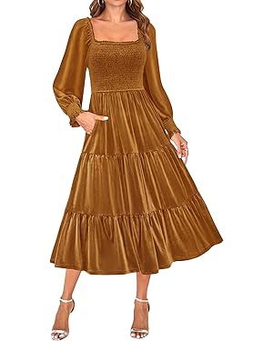 ZESICA Women’s Velvet Long Sleeve Dresses Fall Square Neck Smocked Ruffle A Line Flowy Midi Dre... | Amazon (US)