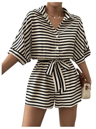 Milumia Women's Colorblock Striped Print Jumpsuit Bat Wing Sleeve Knot Romper Apricot and Black Large | Amazon (US)