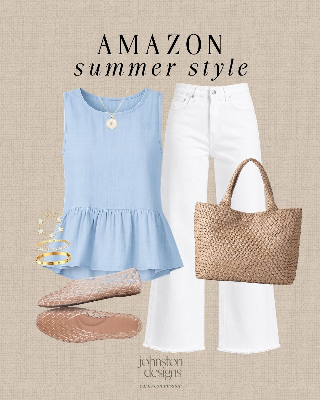 Amazon summer style with a blue peplum top, white jeans and neutral woven accessories. 🩵

Amazon summer outfit, blue peplum top, white wide leg jeans, jelly flats, woven tote bag, gold bracelet stack, pendant necklace, casual summer style, everyday outfit inspo, warm weather look, affordable Amazon fashion, feminine summer outfit, neutral accessories, easy weekend style 

 #LTKootd #LTKSeasonal