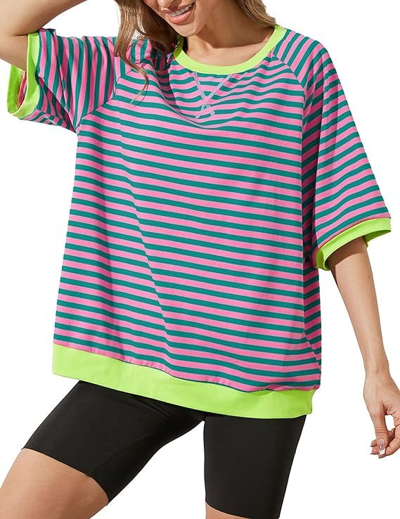 Women Oversized Striped Color Block T-Shirts Crew Neck Basic Short Sleeve Sweatshirt Casual Loose... | Amazon (US)