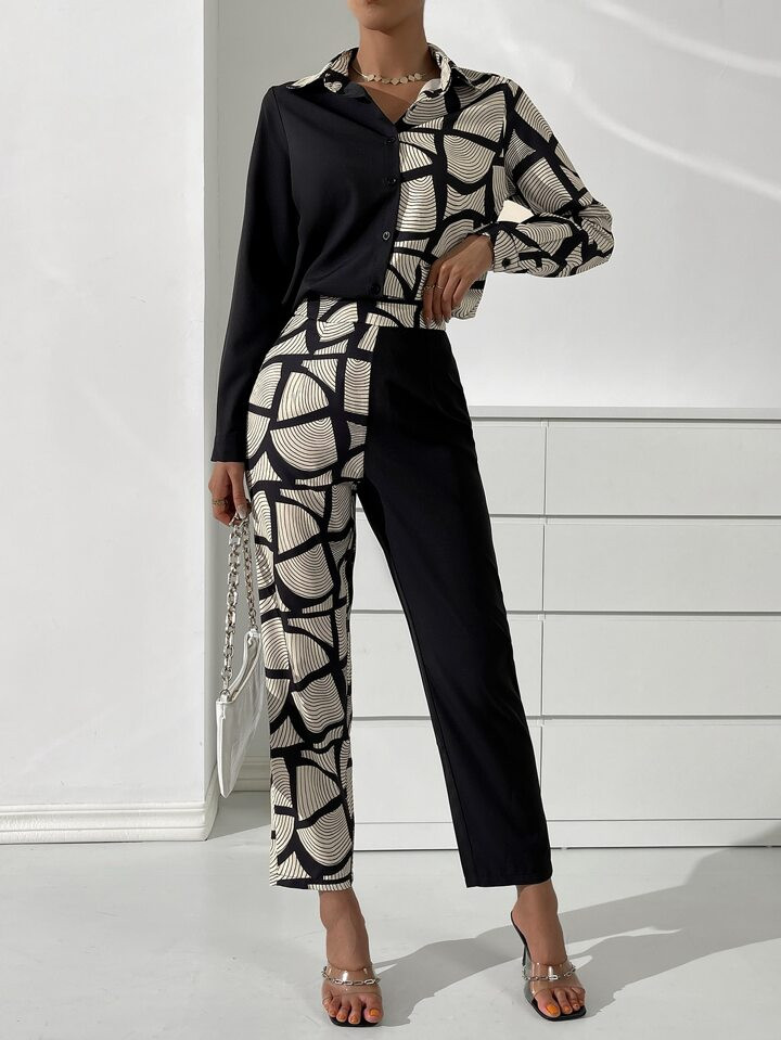 SHEIN Privé Graphic Print Button Front Shirt & Pants | SHEIN