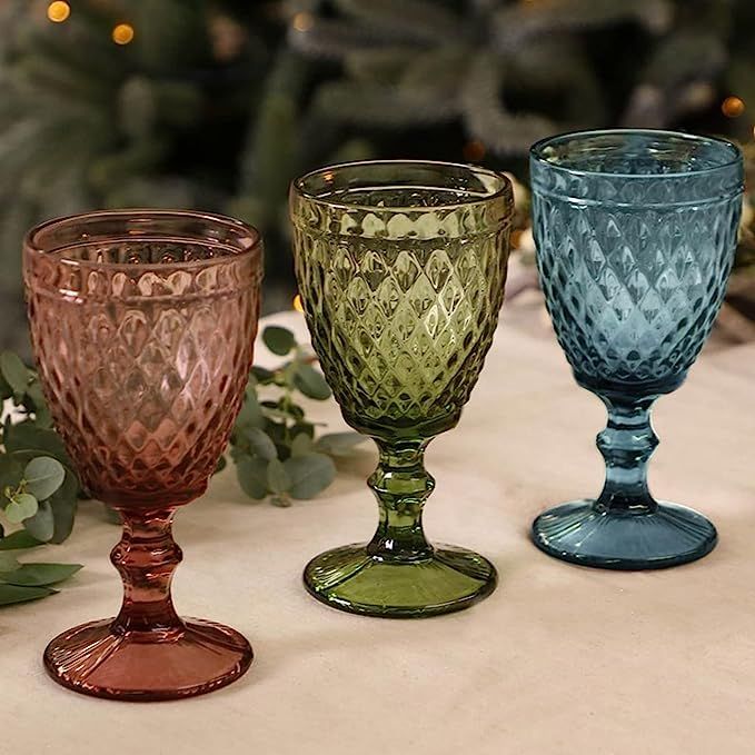 ZOOFOX Set of 6 Wine Glasses, 10 oz Colored Glass Goblet with Diamond Pattern, Embossed High Clea... | Amazon (US)