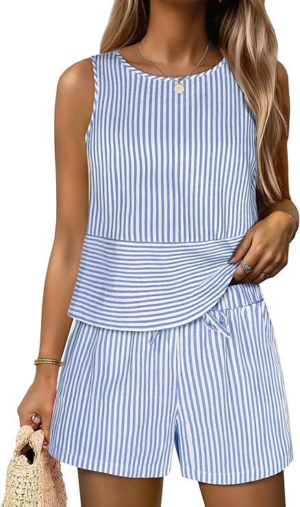 ANRABESS Womens 2 Piece Outfits Striped Summer Casual Sleeveless Tank Top Matching Shorts Lounge ... | Amazon (US)