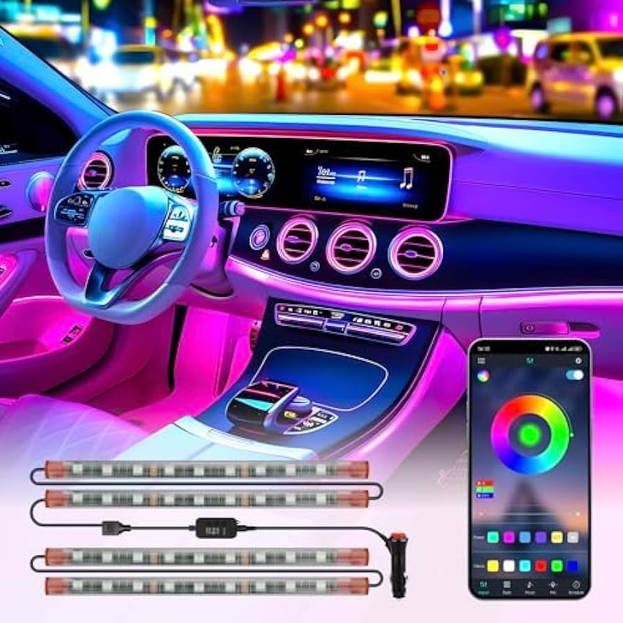 Car LED Lights,Smart App Control,RGB Inside Car Lights DIY Dynamic Color Music Mode 4Pcs Strip Li... | Amazon (US)