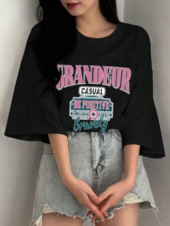 DAZY Camiseta Casual Feminina de verão solta com decote redondo, ombros caídos e mangas com Est... | SHEIN