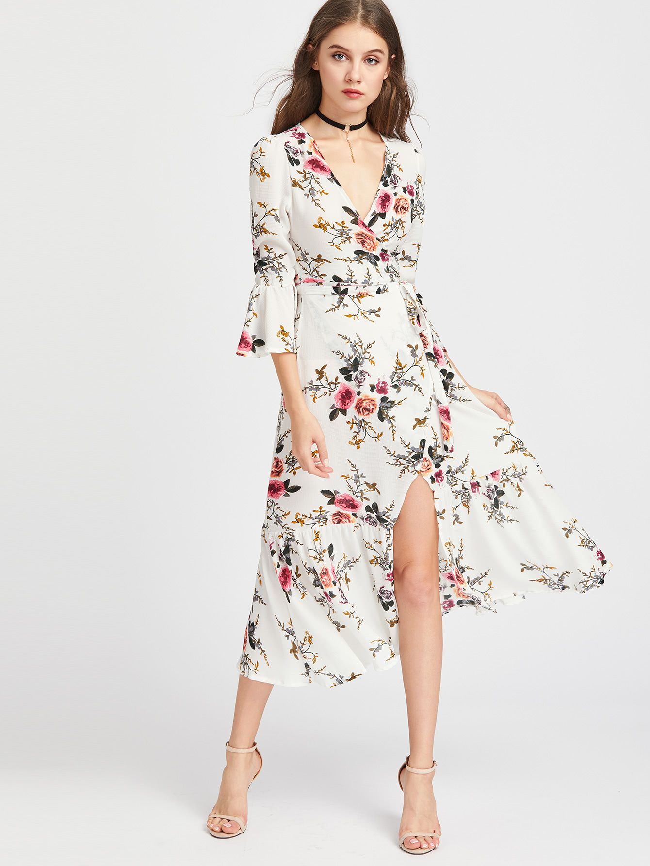 Plunge Neck Floral Print Bell Sleeve Slit Side Dress | SHEIN