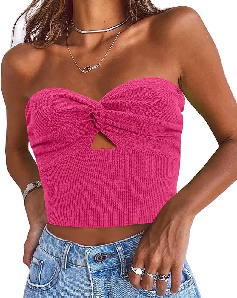 EFAN Womens Cut Out Twist Knot Front Tube Tops Bandeau Ribbed Knit Y2K Sexy Strapless Crop Tank Bust | Amazon (US)