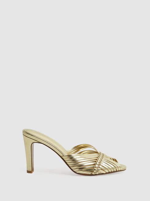 Reiss Gold Imogen Leather Woven Heeled Mules | Reiss UK