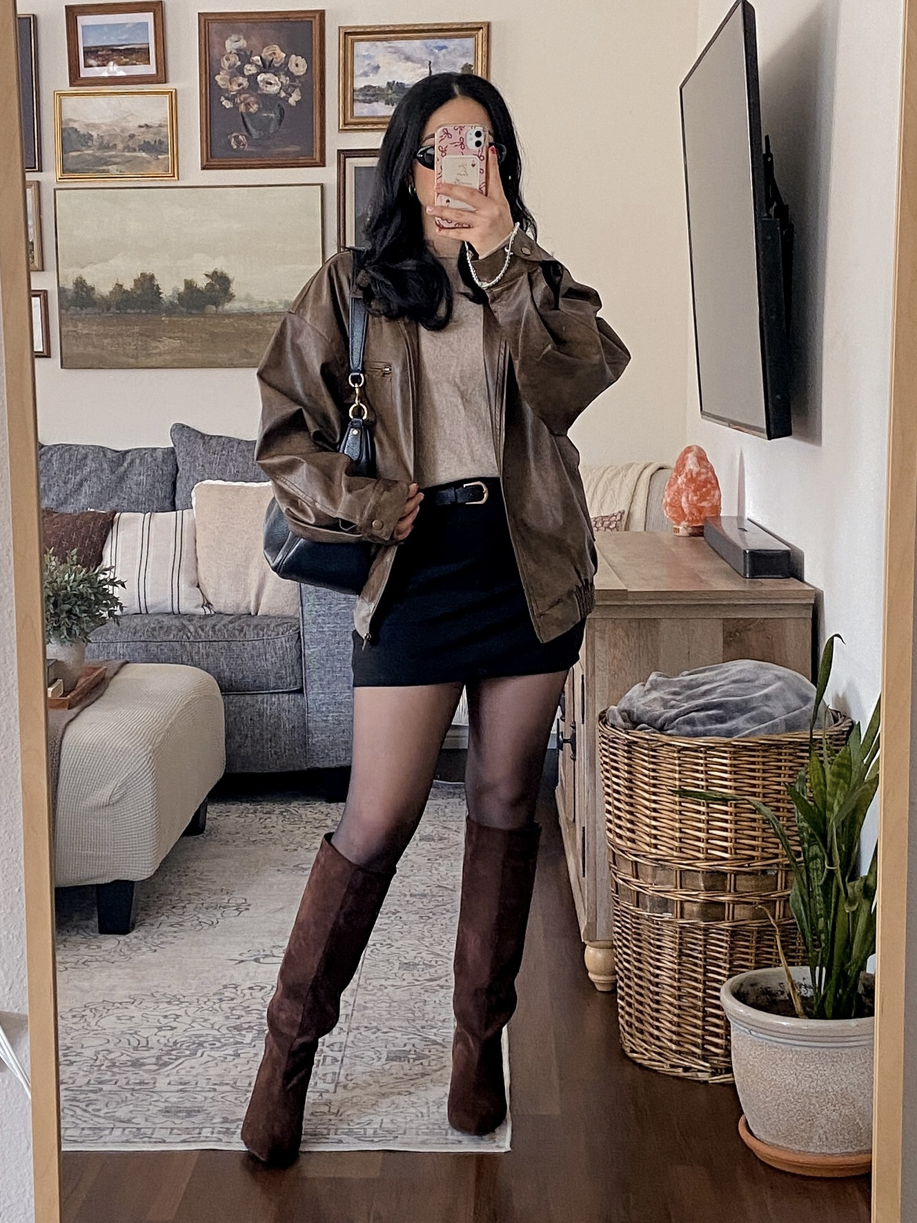 part 1 • recreating a pinterest inspired outfit 📌👀❤️ pinterest inspired outfit, cool girl chic outfit, brown faux leather bomber jacket outfit, neutral sweater outfit, black mini skirt outfit, sheer tights outfit, suede knee high boots outfit, chic fall outfit, trendy winter outfit, elevated casual look, faux leather bomber jacket, wool blend sweater outfit, neutral knit sweater, mini skirt winter outfit, sheer tights styling, pointed toe knee high boots, monochrome neutral outfit, layered winter outfit, street style inspired outfit, coach shoulder bag outfit, trendy black sunglasses, chic everyday accessories, designer shoulder bag look, statement sunglasses outfit, minimalist accessories, cool girl essentials, cool girl aesthetic, pinterest fashion inspo, chic neutral aesthetic, modern street style, effortless chic vibes, fashion girl outfit, parisian inspired look, downtown cool outfit, elevated streetwear  

 #LTKdayinmylife #LTKgrwm #LTKootd