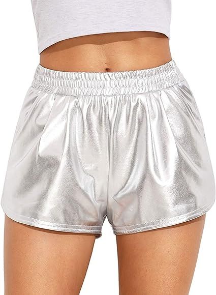 Women's Metallic Shorts Shiny Pants Yoga Sparkly Hot Drawstring Outfit Elastic Waist Rave Booty D... | Amazon (US)