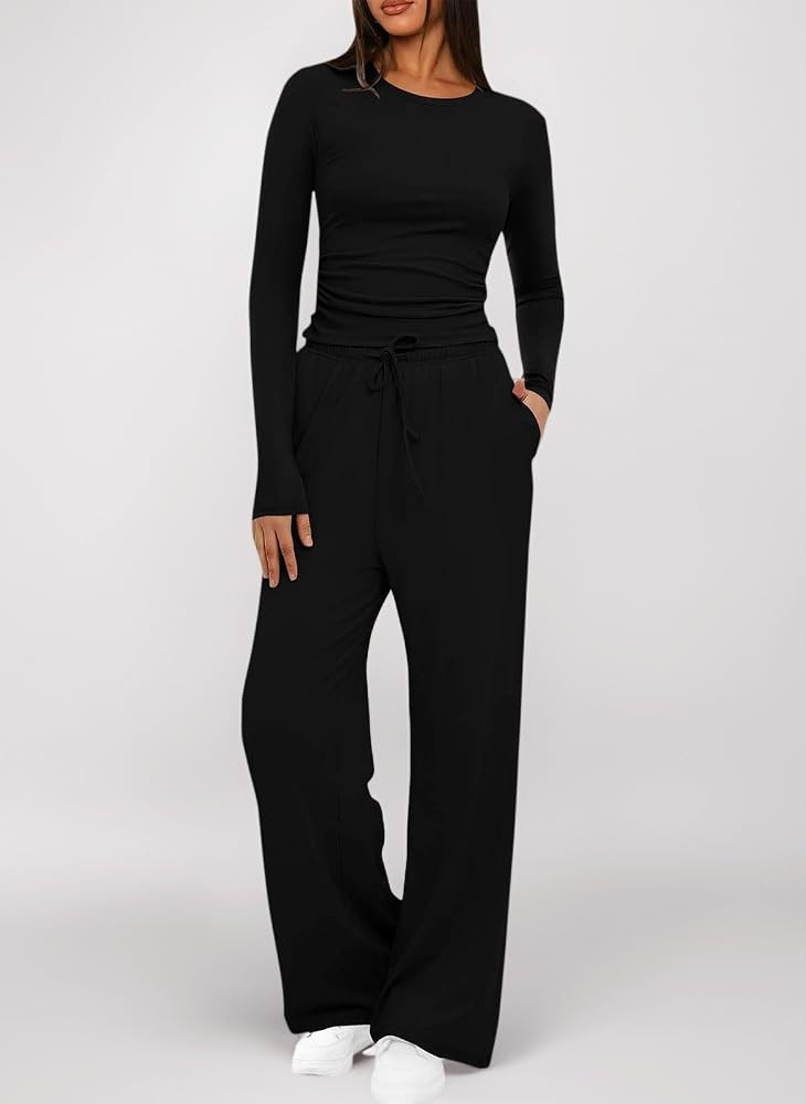 Womens Tracksuit Set Two Piece Outfits Stretch Long Sleeve Crop Top and Drawstring Elastic Waist ... | Amazon (UK)