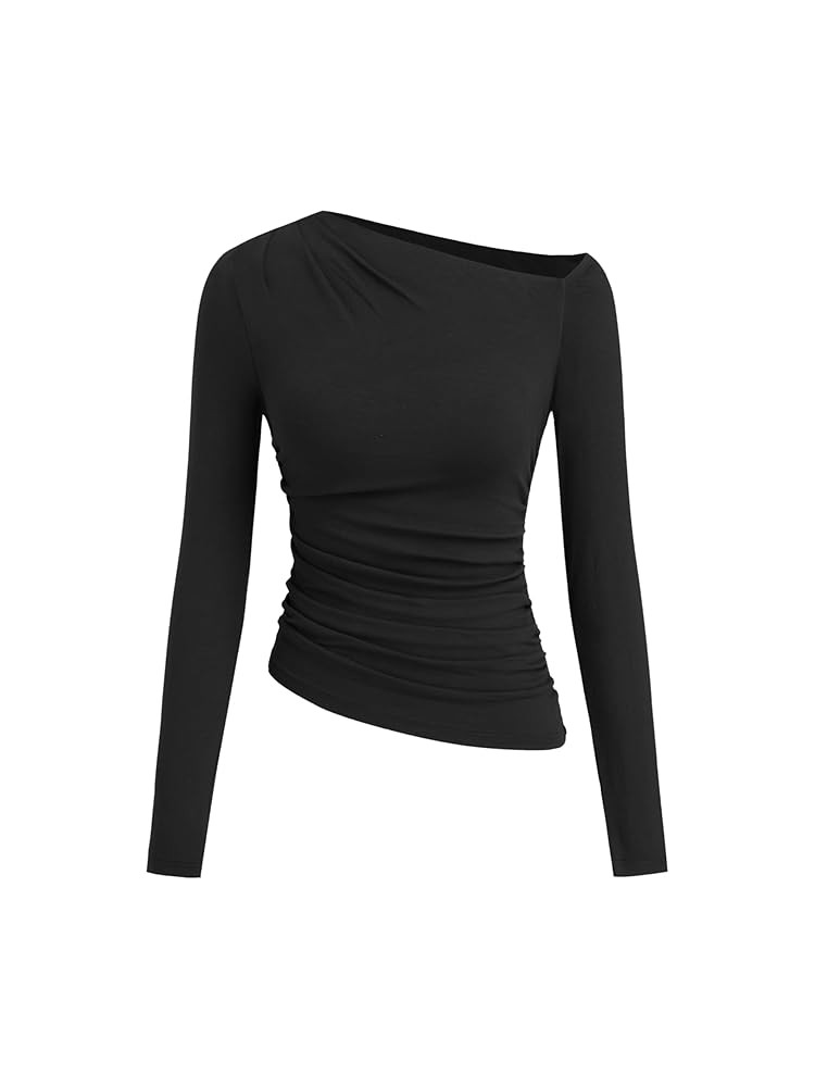 CIDER Off The Shoulder Tops for Women Long Sleeve Shirts Asymmetrical Neck Ruched Going Out Tops ... | Amazon (US)