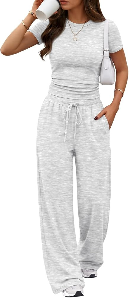 Trendy Queen 2 Piece Matching Summer Lounge Set Womens Side Ruching Top Wide Leg Pants Sets with ... | Amazon (US)