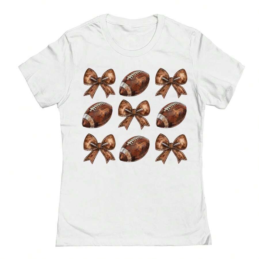 Nearly There Football Tile Bow Fall Halloween Graphic Ladies Cotton T-Shirt | SHEIN