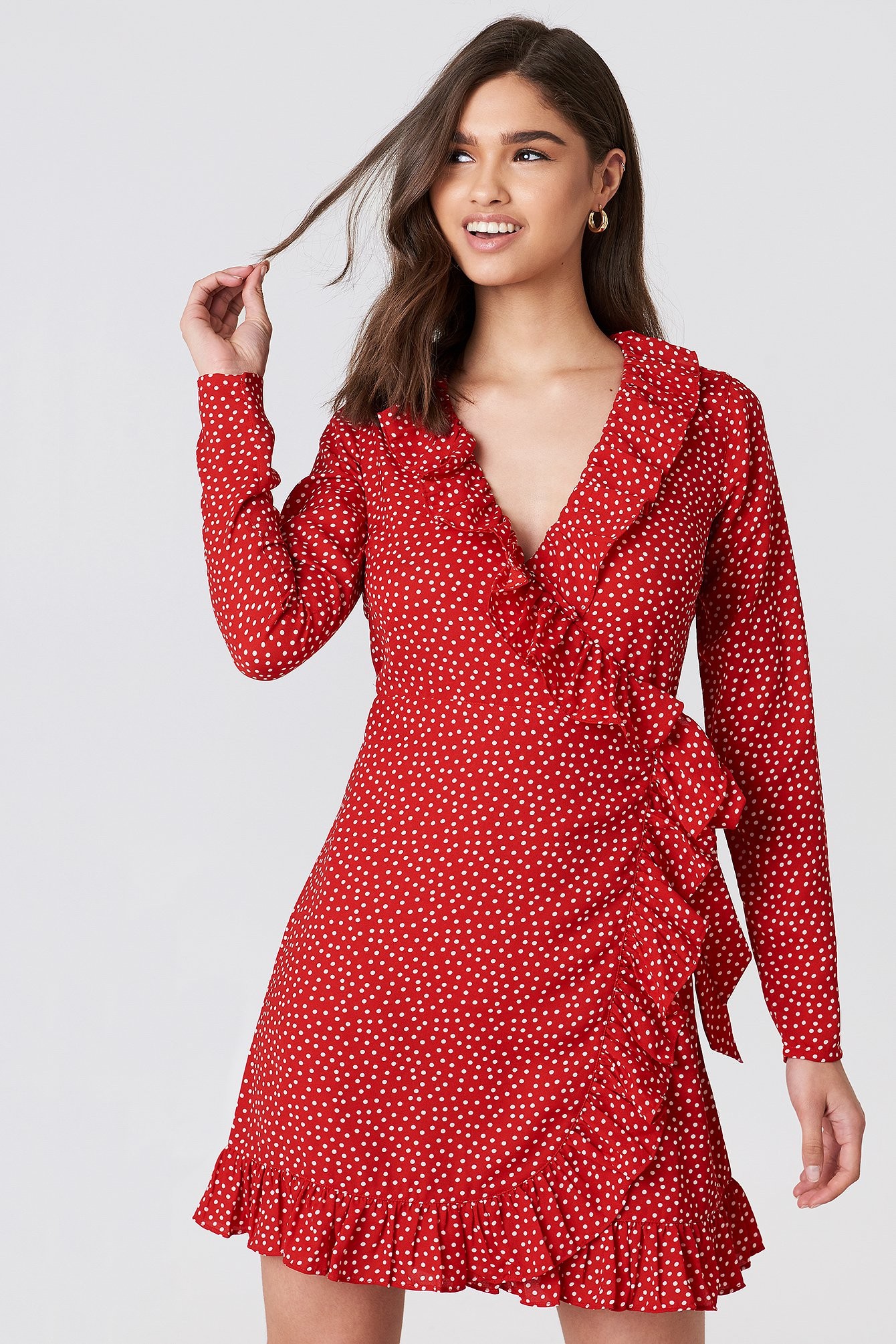 NA-KD Boho Dotted Frill Dress - Red | NA-KD Global