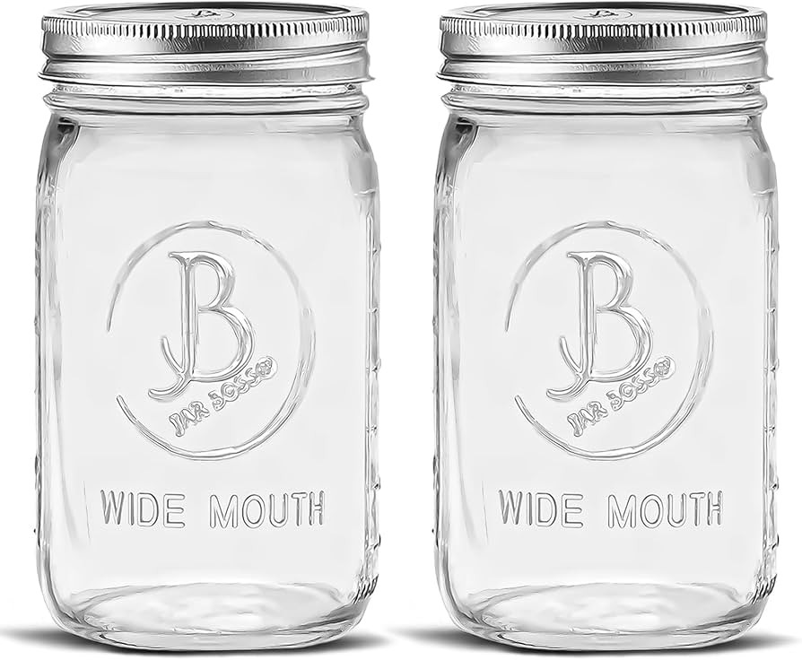 Wide Mouth Mason Jars 32 oz - (2 Pack) - Clear Glass Quart Mason Jars With Airtight Lids and Band... | Amazon (US)