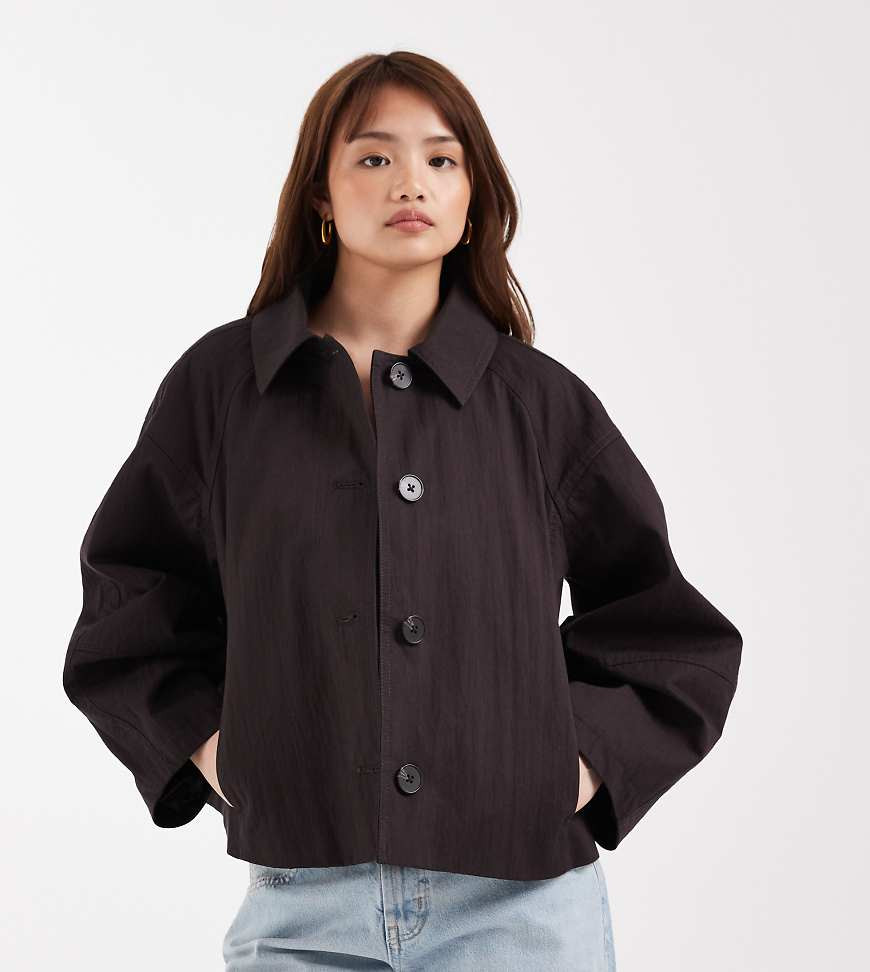 ASOS DESIGN Petite short trench coat with pleated detailing in chocolate-Brown | ASOS (Global)