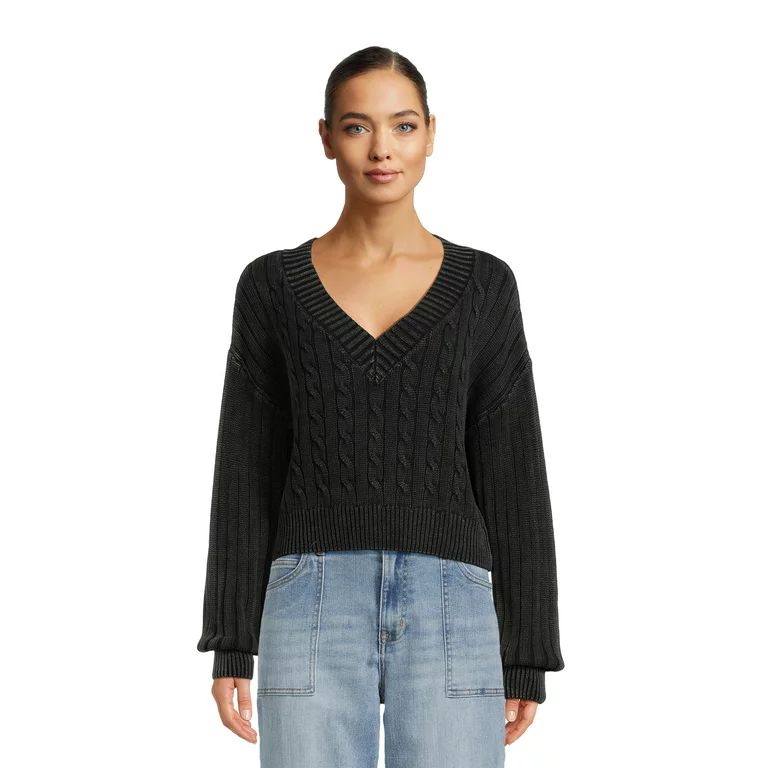 Madden NYC Juniors Cable Knit V-Neck Pullover Sweater, Midweight, Sizes XS-3XL | Walmart (US)