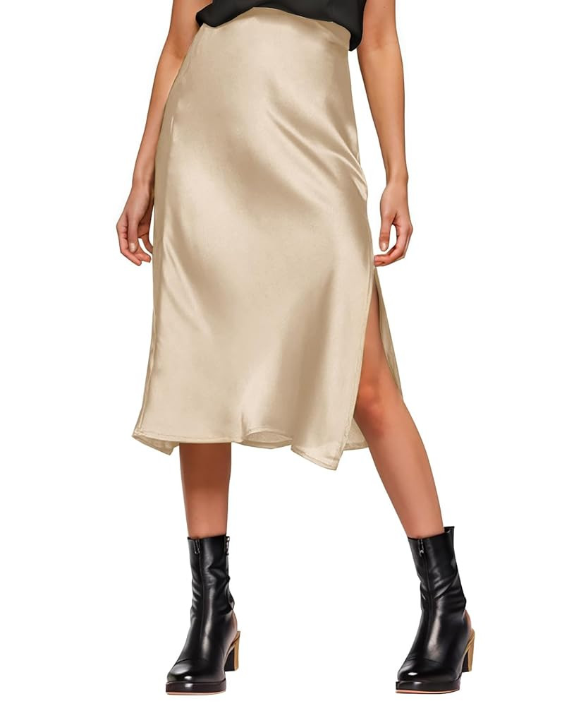 Womens Satin Silk High Waist Slit Midi Skirt Elastic Waistband Midi Skirts for Women | Amazon (US)