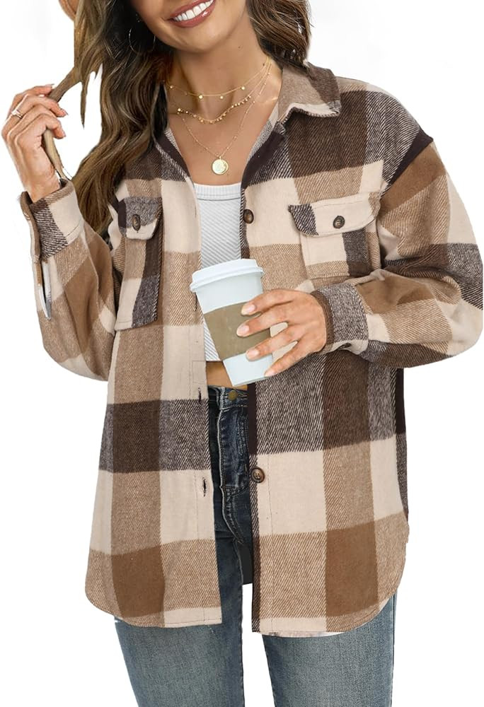 NIeyook Women's Casual Plaid Flannel Shacket Jacket Oversized Button Down Long Sleeve Fall Shirts... | Amazon (US)