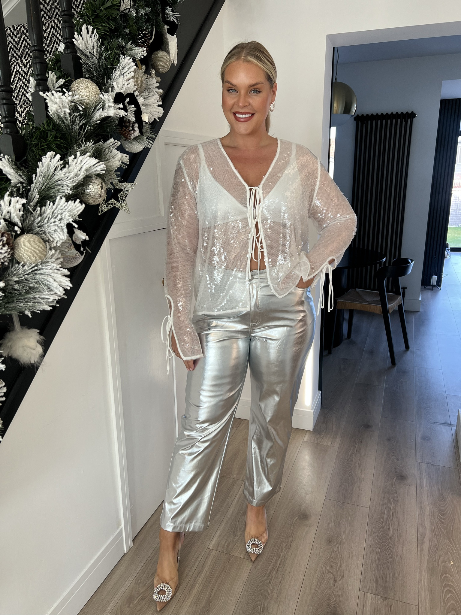 Christmas outfit! Metallic trousers, sequin shirt. Silver trousers. Perspex heels. Christmas fashion. Winter fashion. Sequin style. Christmas party outfit. 4th and reckless. Quiz. Zara. Silver shoes. #ltkgift

#LTKHoliday #LTKmidsize #LTKparties