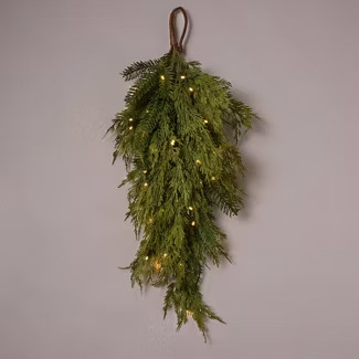 28" Battery Operated Pre-Lit Mixed Greenery & Cedar Artificial Christmas Swag Green with ... | Target