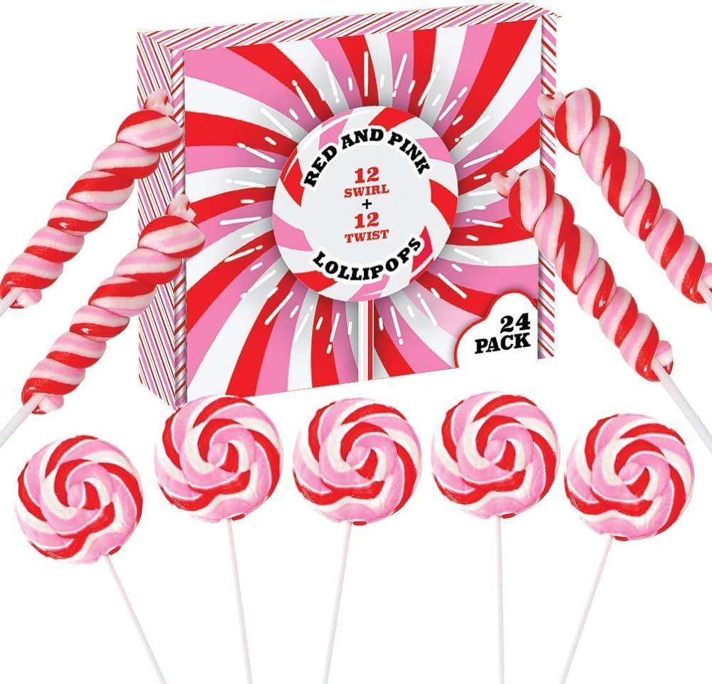 Valentines Day Candy - 24 Individually Wrapped Red, Pink and White Swirl and Twisty Lollipops | Amazon (US)