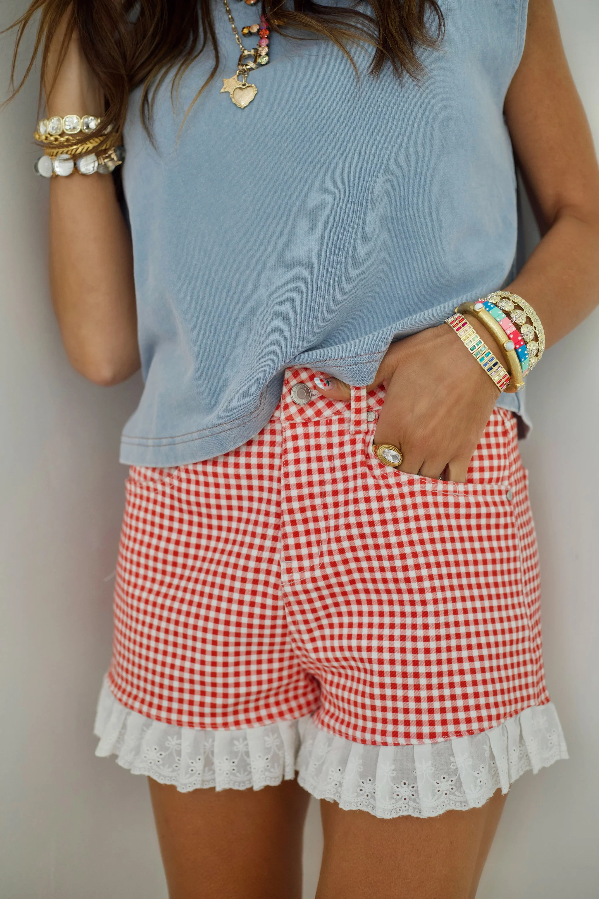 Red Gingham Denim Ruffle Short - Pre Order | Poppy & Pine