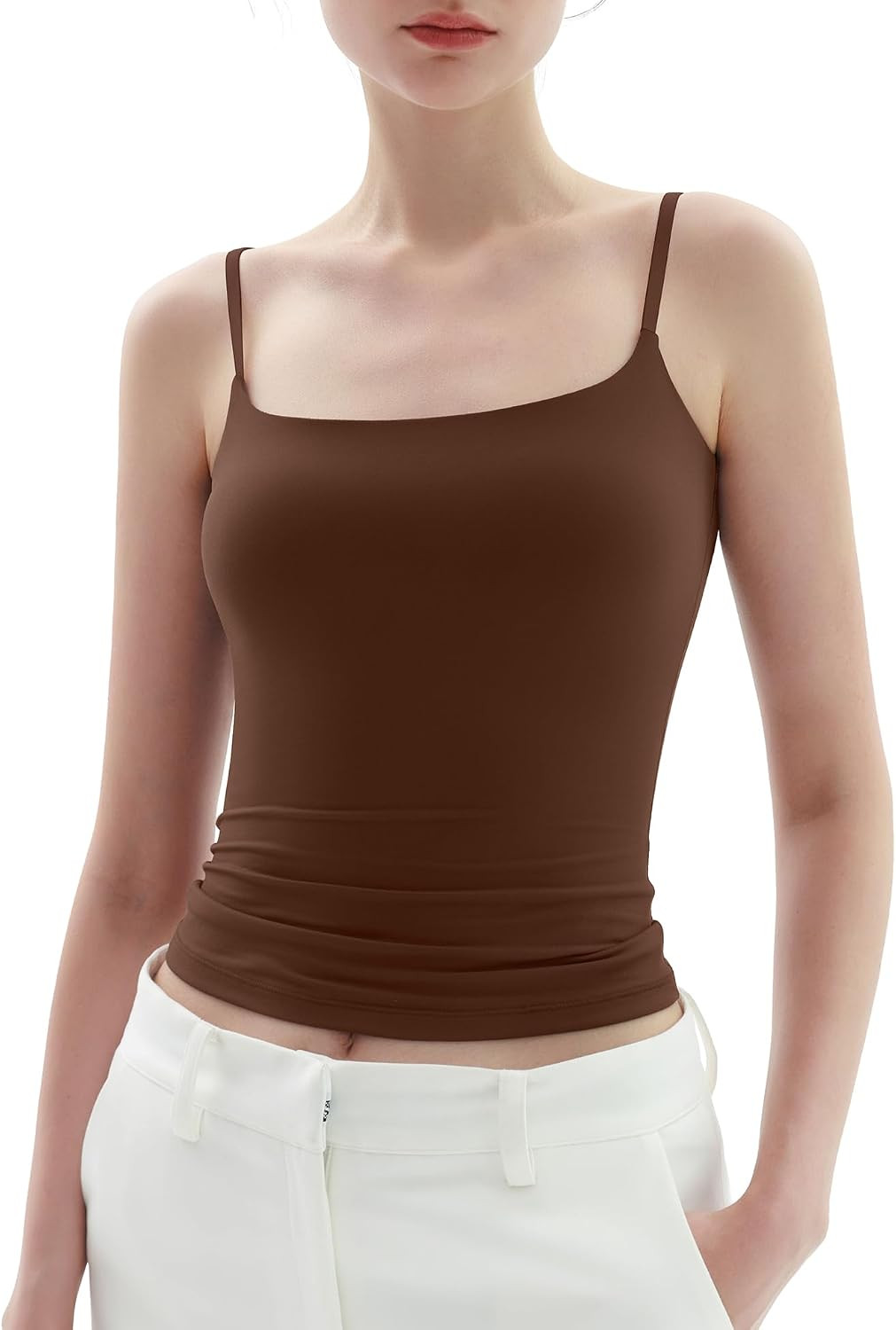 PUMIEY Women's Square Neck Tank Top Adjustable Spaghetti Straps Sleeveless Basic Tops Sharp Collection | Amazon (US)