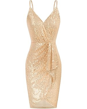 GRACE KARIN Women's Sexy Sequin Dress Wrap V-Neck Ruched Bodycon Spaghetti Straps Cocktail Party ... | Amazon (US)
