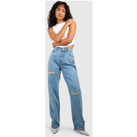 Womens Ripped Straight Leg Jeans - Blue - 12 | NastyGal UK