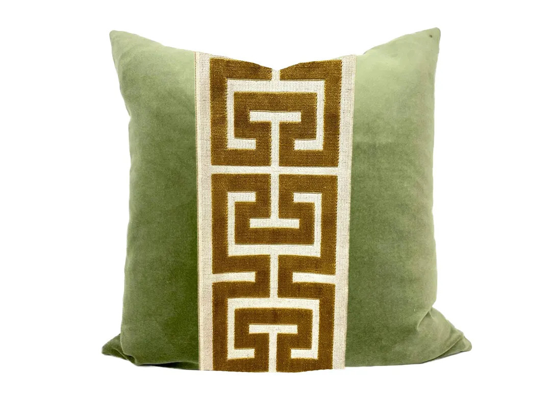 Sage Green Velvet Square Pillow Cover with Large Gold Greek Key Trim | Etsy (US)