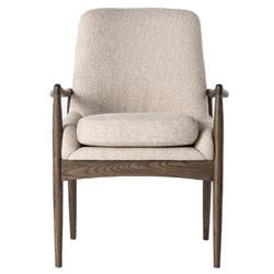 Olena Mid Century Modern Beige Upholstered Brown Wood Dining Arm Chair | Kathy Kuo Home