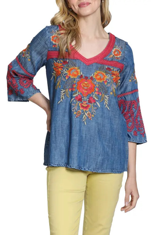 APNY Floral Embroidered Denim Top in Indigo at Nordstrom, Size X-Small | Nordstrom