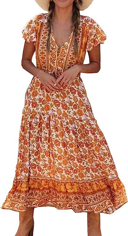 Womens Summer Floral Print Cotton Short Sleeve Flowy Dress | Amazon (US)