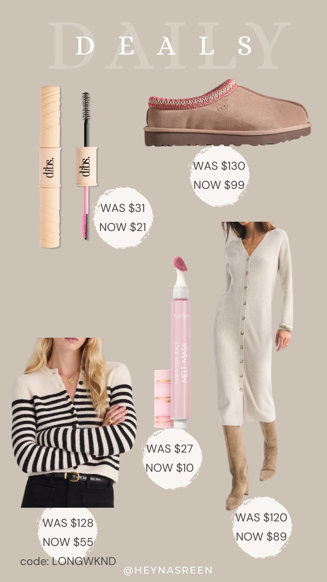 Daily deals on DIBs mascara, Ugg Tasman slippers, Abercrombie sweater dress, Tarte lip melt mask, Maxwell cardigan 