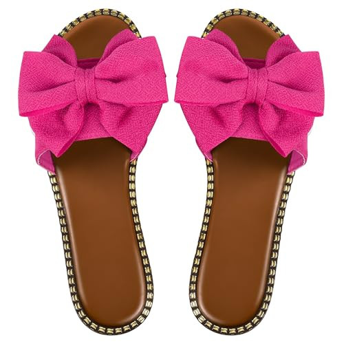 Sksshion Women's Bow Knot Slides Open Toe Flat Sandals Summer Slip On Slippers Hot Pink 6.5 | Amazon (US)