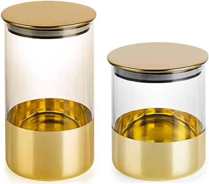 Glass Storage Jar 2 Piece Set Kitchen Food Grain Container Golden Spice Jar Can Store Jam, Coffee... | Amazon (US)