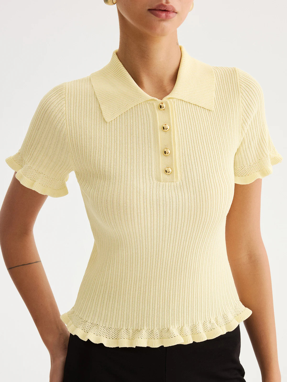 Ruffled Collared Ribbed Knit Top | Commense