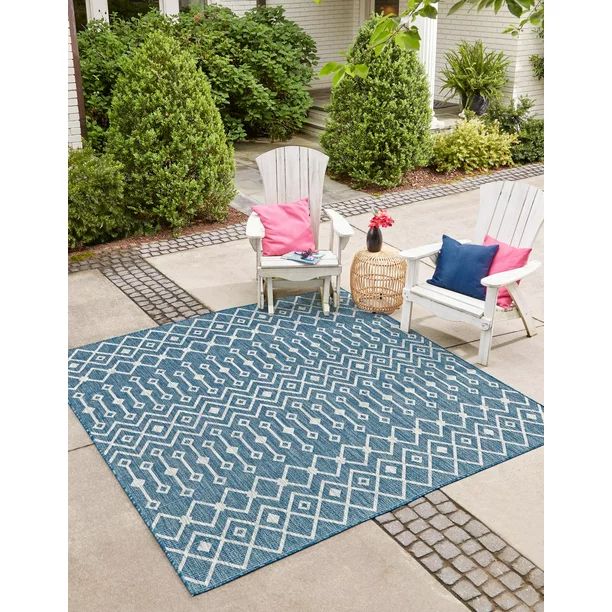 Unique Loom Tribal Trellis Outdoor Trellis Rug , 6' 0" x 6' 0" ,Blue | Walmart (US)