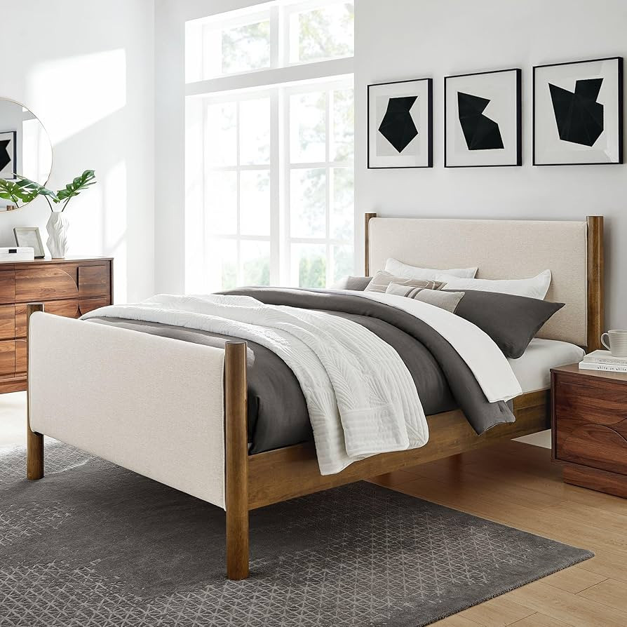 Modway Maven King Size Bed Frame in Ivory Walnut with Upholstered Fabric Headboard and Footboard ... | Amazon (US)