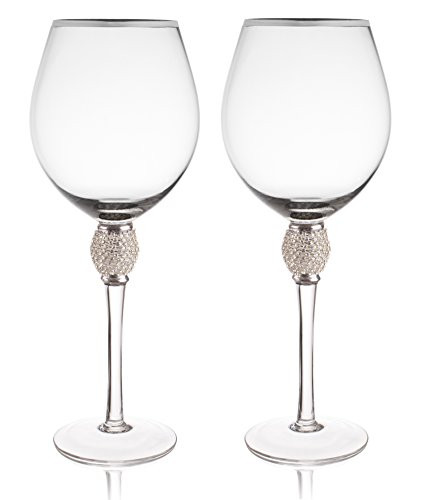 Trinkware Set of 2 Wine Glasses - Rhinestone"DIAMOND" Studded With Silver Rim - Long Stem, 16oz, ... | Amazon (US)