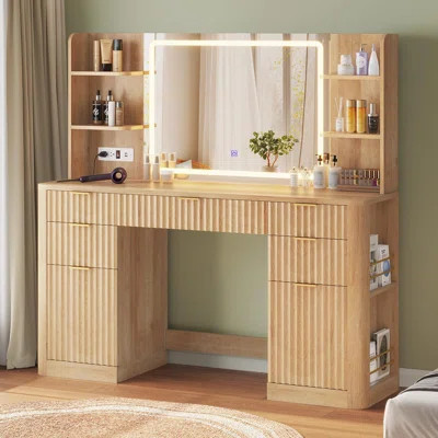 Fluted Makeup Vanity Desk With Large Mirror And Lights, Vanity With Power Strip, 6 Open Shelves, 2 Cabinets,5 Drawer, Modern Dressing Table For Bedroo | Wayfair North America