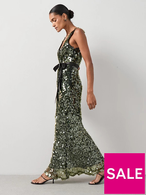 The Very Collection Sequin Disc Belted Maxi Dress - Green | Very (UK)