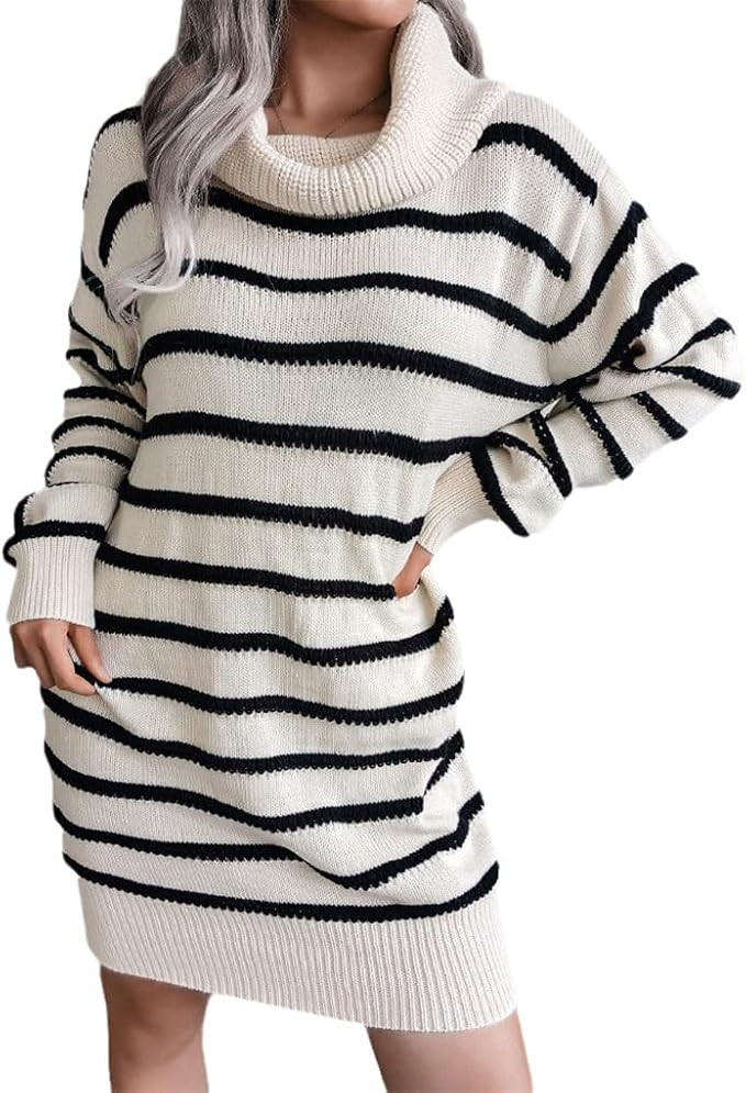 Dninmim Women's Turtleneck Striped Knit Dress Casual Long Sleeve Loose Sweater Dresses | Amazon (US)