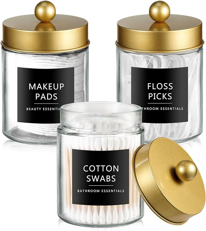 SheeChung Qtip Holder Dispenser 3pcs, Glass apothecary jars with Stainless Steel Lids &Stickers, ... | Amazon (US)
