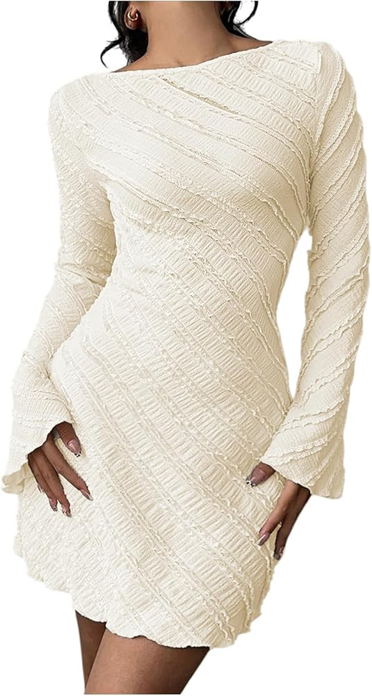 Milumia Women's Textured Backless Long Bell Sleeve Mini Dress Boat Neck Lettuce Trim Short Dresse... | Amazon (US)