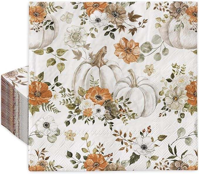 120 Pack Fall Paper Napkins 6.5 x 6.5 Inch Watercolor Pumpkin Flower Leaves Disposable Paper Napk... | Amazon (US)