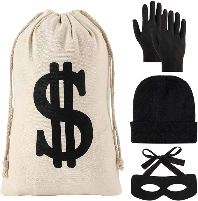 YAROMO 4 Pieces Robber Costume Set, Include Canvas Dollar Sign Money Bags Bandit Eye Mask Knit Be... | Amazon (US)